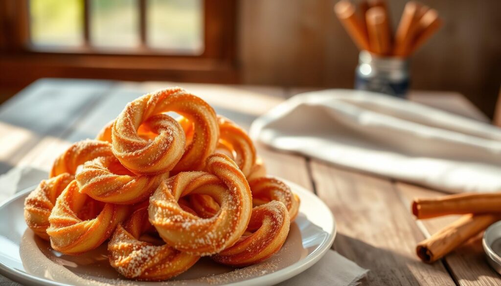 A beautifully arranged plate of cinnamon twists, showcasing the golden-brown spirals dusted generously with cinnamon sugar, glistening with a light sheen. In the foreground, focus on the twisty, flaky pastries, capturing their delightful texture and warm color. The middle ground features a soft, blurred background of a rustic wooden table, adorned with a light-colored cloth for contrast, evoking a cozy and inviting dessert atmosphere. Natural daylight pours in from a nearby window, casting gentle shadows that enhance the pastries' three-dimensional form. The ambiance is warm and inviting, ideal for a sweet treat. The image aims to evoke cravings and delight while highlighting these classic Taco Bell dessert items. A beautifully arranged plate of cinnamon twists, showcasing the golden-brown spirals dusted generously with cinnamon sugar, glistening with a light sheen. In the foreground, focus on the twisty, flaky pastries, capturing their delightful texture and warm color. The middle ground features a soft, blurred background of a rustic wooden table, adorned with a light-colored cloth for contrast, evoking a cozy and inviting dessert atmosphere. Natural daylight pours in from a nearby window, casting gentle shadows that enhance the pastries' three-dimensional form. The ambiance is warm and inviting, ideal for a sweet treat. The image aims to evoke cravings and delight while highlighting these classic Taco Bell dessert items.