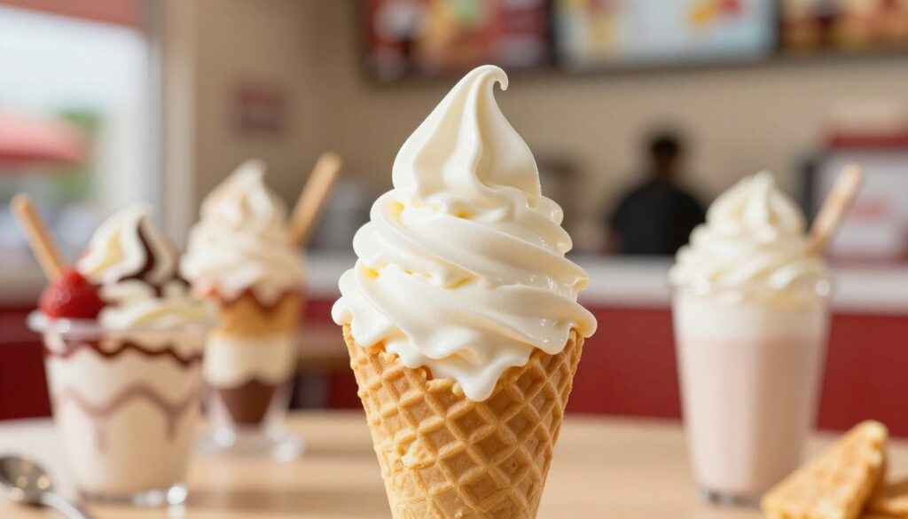 A beautifully detailed vanilla ice cream cone, topped with a generous swirl of creamy vanilla soft serve. The cone is made of crisp golden waffle, showcasing its texture prominently in the foreground. Around the cone, melted ice cream gently drips, adding a touch of realism. In the middle ground, a colorful assortment of dessert options can be subtly blurred, including sundae cups and shakes, hinting at the variety of ice cream offerings. The background features a softly blurred fast-food restaurant setting, implying a vibrant atmosphere. The lighting is warm and inviting, emulating sunlight, with a shallow depth of field to focus on the cone. The overall mood is cheerful and appetizing, perfect for invoking cravings for ice cream treats. A beautifully detailed vanilla ice cream cone, topped with a generous swirl of creamy vanilla soft serve. The cone is made of crisp golden waffle, showcasing its texture prominently in the foreground. Around the cone, melted ice cream gently drips, adding a touch of realism. In the middle ground, a colorful assortment of dessert options can be subtly blurred, including sundae cups and shakes, hinting at the variety of ice cream offerings. The background features a softly blurred fast-food restaurant setting, implying a vibrant atmosphere. The lighting is warm and inviting, emulating sunlight, with a shallow depth of field to focus on the cone. The overall mood is cheerful and appetizing, perfect for invoking cravings for ice cream treats.