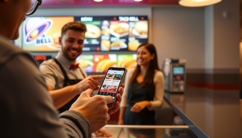 A bright and inviting Taco Bell restaurant interior, showcasing a modern counter setup where a friendly staff member in a professional Taco Bell uniform interacts with a customer. In the foreground, a customer is holding a smartphone, enthusiastically pointing to a Taco Bell app displaying menu items. The middle layer features the vibrant Taco Bell menu board in the background, with colorful images of popular menu items such as tacos and burritos. The lighting is warm, creating a welcoming atmosphere, while soft shadows enhance the details of the setting. The angle captures both the excitement of placing an order and the delicious food options available, evoking a sense of convenience and enjoyment.