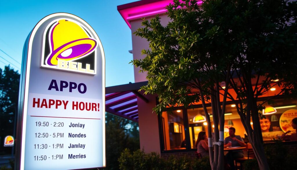 A bright, inviting Taco Bell restaurant exterior at dusk, showcasing its colorful neon signs illuminating the surroundings. In the foreground, a modern curved sign displays "Happy Hour!" with various times listed, tastefully designed without any text overlays. The middle layer features a well-maintained outdoor seating area with a couple of customers enjoying their tacos and drinks. Lush greenery and a clear sky provide a calming backdrop, while the warm lights from inside suggest a cozy atmosphere. The image is captured with a shallow depth of field using a 50mm lens, focusing on the details of the sign and customers, casting a soft glow. The overall mood is lively yet relaxed, perfect for a late afternoon snack.