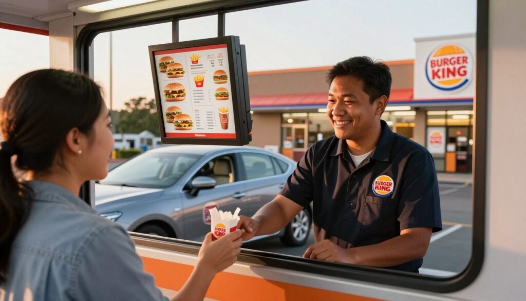 A brightly lit Burger King drive-thru scene during the golden hour, showcasing the focused experience of placing an order. In the foreground, a friendly employee in a smart uniform is seen attentively interacting with a customer through the drive-thru window, both showing smiles to convey warmth and service. In the middle ground, a sleek car with visible Burger King branding is parked at the drive-thru, with the menu board prominently displayed, showcasing a variety of burgers, fries, and drinks. The background features the iconic Burger King building, subtly illuminated by warm sunset tones. Capture the moment with a wide-angle lens to enhance the sense of interaction and service, emphasizing a friendly and inviting atmosphere, suitable for quick orders, evoking feelings of convenience and satisfaction.