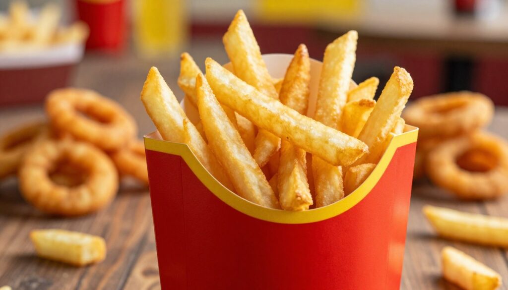 A brightly lit close-up image of a vibrant serving of golden, crispy French fries in a classic fast-food red and yellow container. The fries are piled high, showcasing their texture and sheen, with a few scattered on a rustic wooden table for added dimension. In the middle ground, a subtle hint of other fast-food sides like onion rings and mozzarella sticks can be seen blurred out, emphasizing the focus on the fries. The background includes out-of-focus elements that suggest a lively fast-food restaurant atmosphere, with hints of red and yellow color splashes from decor. Soft, warm lighting creates an inviting mood, highlighting the delicious appeal of the fries, making them look irresistible and appetizing.