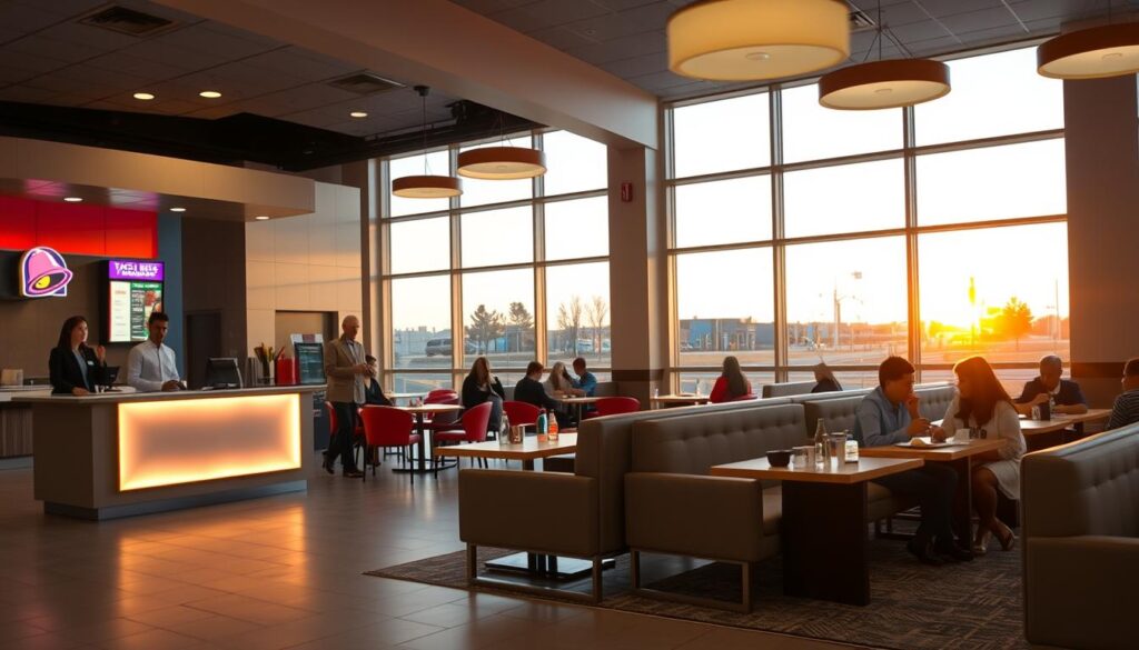 A brightly lit, inviting Taco Bell lobby during evening hours, showcasing modern decor with vibrant colors and ambient lighting. In the foreground, a clean and organized reception area featuring a welcoming counter with a menu display indicating lobby hours. The middle ground includes comfortable seating arrangements for customers, with a few guests enjoying their meals, clad in casual yet modest clothing. The background reveals large windows that reflect the warm glow of the sunset outside, enhancing the cozy atmosphere. The overall scene conveys a friendly and inviting mood, perfect for conveying the theme of lobby hours. Use a wide-angle lens to capture the spaciousness and detail of the lobby while maintaining a soft focus on the dining area for a comforting effect. A brightly lit, inviting Taco Bell lobby during evening hours, showcasing modern decor with vibrant colors and ambient lighting. In the foreground, a clean and organized reception area featuring a welcoming counter with a menu display indicating lobby hours. The middle ground includes comfortable seating arrangements for customers, with a few guests enjoying their meals, clad in casual yet modest clothing. The background reveals large windows that reflect the warm glow of the sunset outside, enhancing the cozy atmosphere. The overall scene conveys a friendly and inviting mood, perfect for conveying the theme of lobby hours. Use a wide-angle lens to capture the spaciousness and detail of the lobby while maintaining a soft focus on the dining area for a comforting effect.
