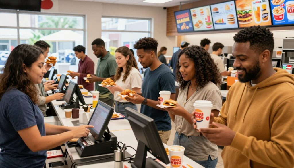 A bustling Burger King breakfast scene during the morning rush hour, featuring a diverse group of customers in modest casual clothing eagerly placing their orders at the counter. In the foreground, a smiling cashier efficiently taking orders with an electronic register. The middle section has customers holding breakfast items like croissants, breakfast sandwiches, and coffee, creating an inviting atmosphere. The background shows the bright and vibrant Burger King interior, with promotional breakfast menu items displayed appealingly. Soft, warm lighting enhances the active mood, while a wide angle captures the excitement of the morning rush. The image reflects a sense of urgency and satisfaction, illustrating the process of successfully ordering breakfast at Burger King.