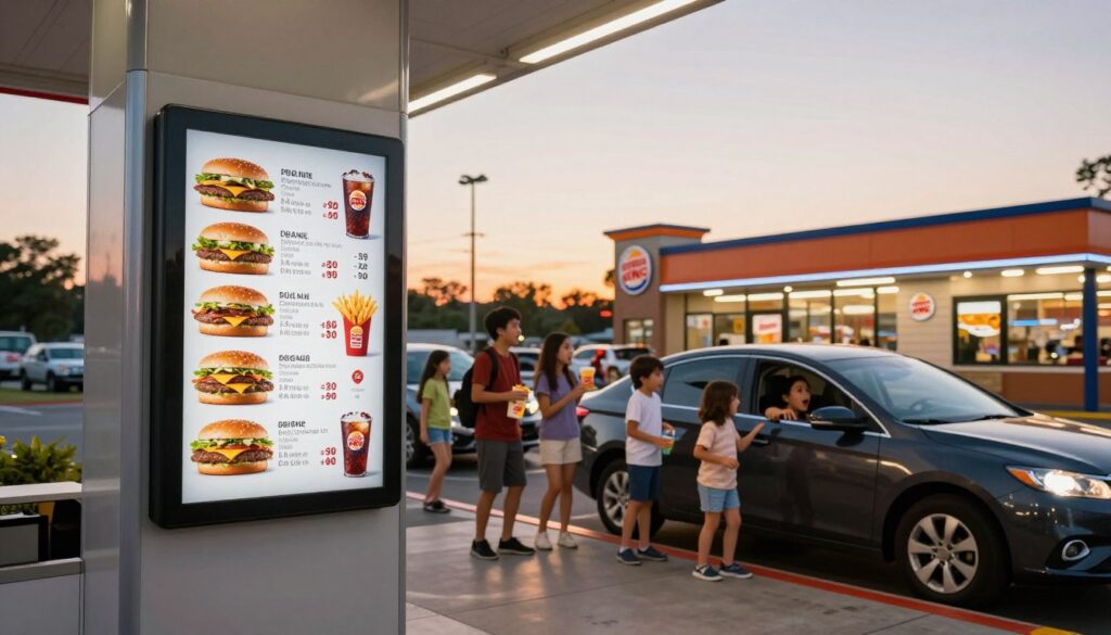 A bustling Burger King drive-thru scene during golden hour, showcasing a sleek, modern drive-thru menu board prominently in the foreground. The menu features vibrant images of burgers, fries, and drinks with price tags, highlighting real-time prices by location. The middle ground includes a car queuing with an excited family inside, capturing their enthusiastic anticipation. In the background, a clear sky transitions to warm sunset hues, with the Burger King restaurant visible, illuminated by soft, welcoming lights. The atmosphere is lively and inviting, reflecting the excitement of a busy fast-food location. Use a wide-angle lens to capture the entire scene, emphasizing depth and details while maintaining a warm, engaging tone.