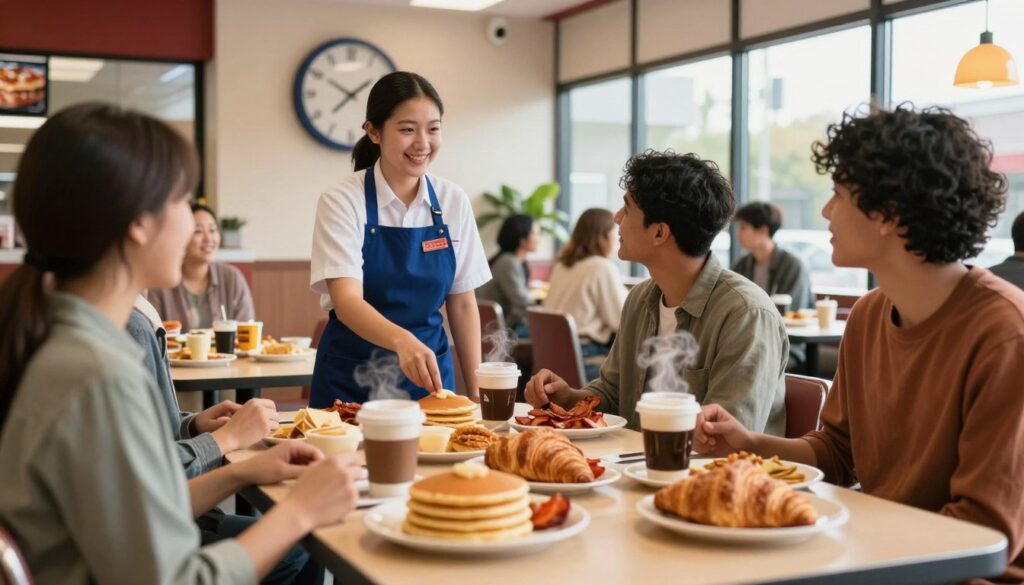 A bustling Burger King restaurant during breakfast hours, with a warm and inviting atmosphere. In the foreground, a well-arranged breakfast table featuring a variety of typical items such as fluffy pancakes, crispy bacon, warm croissants, and steaming coffee. The middle ground displays a friendly staff member in a smart uniform interacting with a diverse group of customers, all appearing happy and satisfied. In the background, a large wall clock shows early morning hours, subtly indicating breakfast time. Soft, natural lighting filters in through large windows, casting a cozy glow. The scene should evoke a sense of community and the joy of sharing a morning meal, capturing the essence of Burger King's breakfast hours.