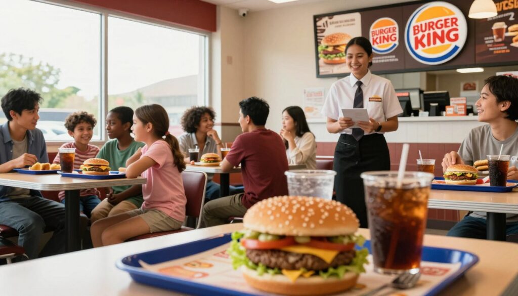 A bustling Burger King restaurant during lunch hour, showcasing a diverse group of customers happily enjoying their meals. In the foreground, a close-up of a mouthwatering Whopper with fresh toppings on a tray, iced drinks in the background. The middle scene features families and friends chatting animatedly at cozy tables, with an employee in a professional uniform welcoming guests. The background reveals a bright, inviting interior with the iconic Burger King logo and promotional images of the lunch menu on the walls. Natural light pours through large windows, creating a warm and lively atmosphere. The angle captures the vibrancy of lunch time, emphasizing the communal joy of dining together.