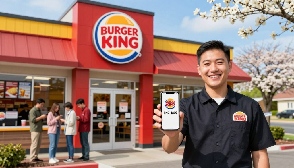 A bustling Burger King storefront in a suburban location, showcasing the signature red and yellow colors. In the foreground, a friendly employee in a professional uniform is holding a smartphone displaying the Burger King app, indicating store hours with a smile. The middle ground features the entrance with welcoming glass doors and visible menu boards, while a few customers are gathered, checking their phones for information. The background shows a vibrant spring day with blooming trees and bright blue skies, creating an inviting atmosphere. Soft natural lighting enhances the cheerful mood, shot from a slightly elevated angle to capture the entirety of the scene, emphasizing the modern and accessible feel of the restaurant. A bustling Burger King storefront in a suburban location, showcasing the signature red and yellow colors. In the foreground, a friendly employee in a professional uniform is holding a smartphone displaying the Burger King app, indicating store hours with a smile. The middle ground features the entrance with welcoming glass doors and visible menu boards, while a few customers are gathered, checking their phones for information. The background shows a vibrant spring day with blooming trees and bright blue skies, creating an inviting atmosphere. Soft natural lighting enhances the cheerful mood, shot from a slightly elevated angle to capture the entirety of the scene, emphasizing the modern and accessible feel of the restaurant.