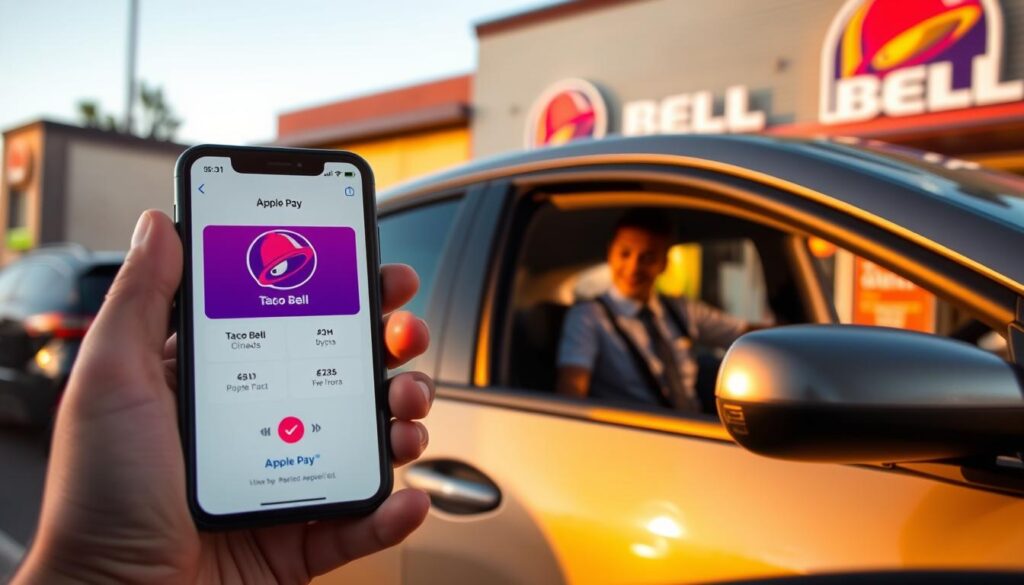 A bustling Taco Bell drive-thru scene, featuring a sleek smartphone displaying the Apple Pay interface prominently in the foreground. The app shows a smart, user-friendly design with Apple Pay options ready for payment at the drive-thru. In the middle ground, a cheerful Taco Bell employee in a professional uniform is interacting with a customer through the drive-thru window, both smiling and engaged. The background includes the vibrant Taco Bell storefront, with bright branding and a clear sky, suggesting a late afternoon ambiance. The lighting is warm and inviting, casting gentle shadows to create a welcoming atmosphere. The overall mood is friendly and efficient, highlighting the convenience of using mobile payment options.