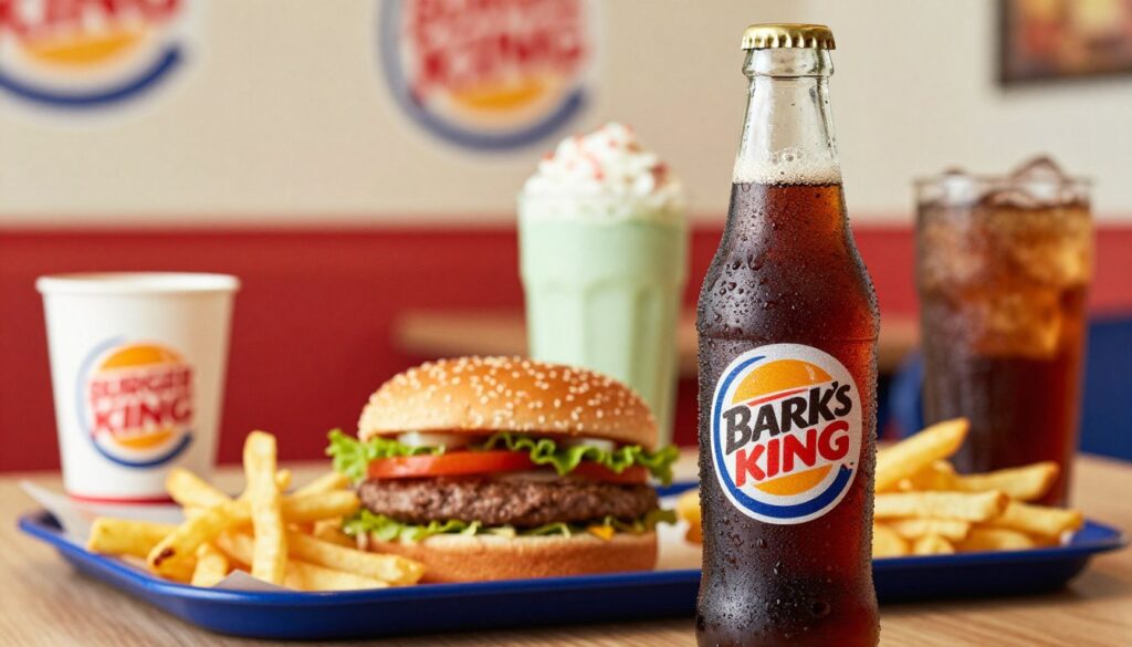 A chilled bottle of Barq's Root Beer stands prominently in the foreground, glistening with condensation under soft, warm lighting, evoking a sense of refreshment. The bottle's rich, dark brown liquid is visible, with a foamy, bubbly head spilling slightly over the rim, suggesting a freshly opened drink. In the middle ground, a classic Burger King meal is arranged artfully—a juicy burger, crispy fries, and a colorful array of treats like bright milkshakes and iced tea, complementing the root beer's allure. The background features a bright, inviting fast-food restaurant interior, with subtle hints of red and yellow decor, creating a cheerful and nostalgic atmosphere. The overall composition emphasizes the delicious contrast of the beverages, making it clear they are part of a tempting menu selection. A chilled bottle of Barq's Root Beer stands prominently in the foreground, glistening with condensation under soft, warm lighting, evoking a sense of refreshment. The bottle's rich, dark brown liquid is visible, with a foamy, bubbly head spilling slightly over the rim, suggesting a freshly opened drink. In the middle ground, a classic Burger King meal is arranged artfully—a juicy burger, crispy fries, and a colorful array of treats like bright milkshakes and iced tea, complementing the root beer's allure. The background features a bright, inviting fast-food restaurant interior, with subtle hints of red and yellow decor, creating a cheerful and nostalgic atmosphere. The overall composition emphasizes the delicious contrast of the beverages, making it clear they are part of a tempting menu selection.