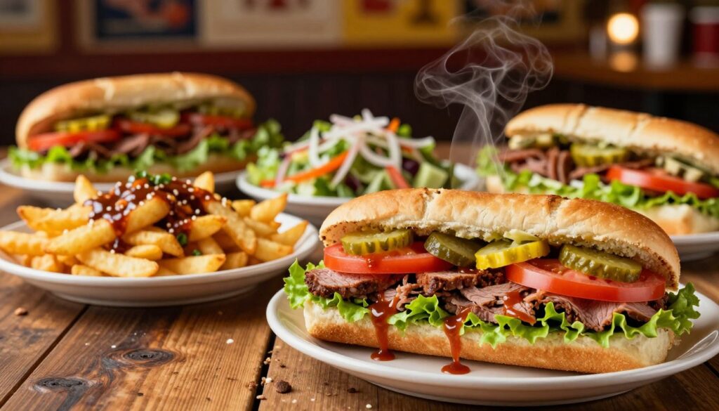 A close-up composition showcasing an assortment of vibrant and delicious Firehouse Subs secret menu items arranged artistically on a rustic wooden table. In the foreground, highlight a steaming sub sandwich overflowing with fresh ingredients like sliced meats, crisp lettuce, tomatoes, and a drizzle of sauce, garnished with colorful pickles. In the middle ground, display small, appetizing plates featuring sides such as loaded chili cheese fries and unique salads that complement the subs. In the background, softly blurred, include elements of a cozy Firehouse Subs restaurant atmosphere, with warm lighting and subtle hints of decor that evoke a welcoming vibe. The mood should feel inviting and enticing, encouraging viewers to explore these hidden culinary gems. Use a slightly overhead angle to emphasize the layers of the food, capturing their richness and appeal.