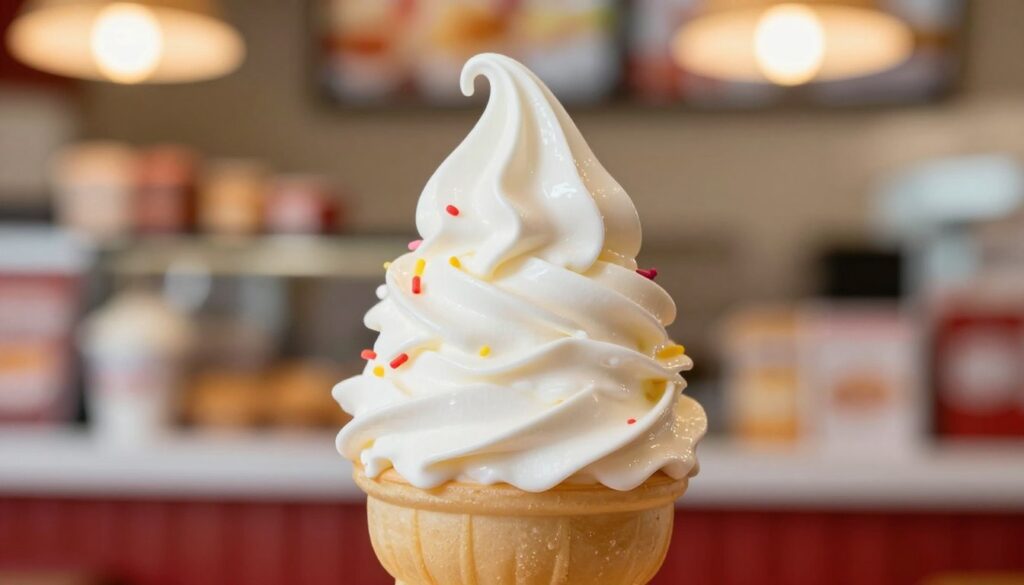 A close-up depiction of a swirl of soft serve ice cream in a classic cone, with a glossy sheen highlighting the creamy texture. The ice cream should be styled artistically, cascading in a perfect spiral, topped with colorful sprinkles. The cone itself is a golden-brown color that contrasts beautifully with the white of the ice cream. In the background, a subtle out-of-focus setting mimics a fast-food dining area, softly illuminated by warm, inviting light. The scene evokes a sense of indulgence and comfort, perfect for dessert lovers. Capture the softness and richness of the ice cream, while ensuring the image remains appetizing and visually striking. Use a macro lens effect to emphasize details and depth, creating an inviting atmosphere around this classic dessert.