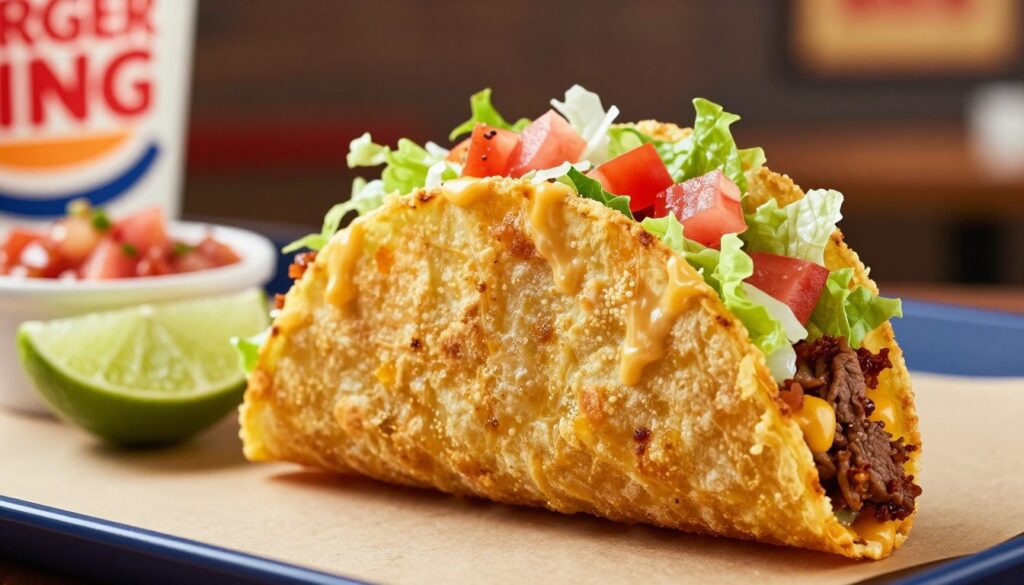 A close-up image of a crispy Taco from Burger King, perfect for illustrating its unique features. The taco is prominently placed in the foreground, showcasing its golden-brown crispy shell, filled with shredded lettuce, diced tomatoes, and seasoned beef. Juicy melted cheese oozes slightly from the sides, adding an appetizing touch. In the middle ground, include a vibrant, fresh lime wedge and salsa bowl to enhance the visual appeal. The background softly blurs a hint of a fast-food dining area, with warm lighting that evokes an inviting atmosphere. The image should capture the essence of fast food excitement, inviting viewers to explore the flavors of Burger King’s tacos, with a slight depth of field effect for emphasis. The angle should be slightly above eye level, offering a tantalizing view of this crispy creation.