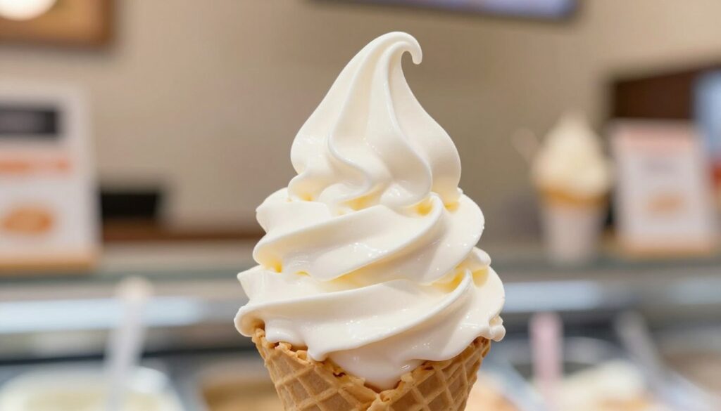 A close-up of a perfectly swirled vanilla soft serve ice cream cone, showcasing its smooth, creamy texture that melts invitingly at the tip. The cone should be a classic wafer style, with delicate details visible in the texture. In the foreground, soft natural light illuminates the ice cream, creating a glossy sheen that emphasizes freshness. In the middle ground, a blurred but inviting backdrop of a cheerful ice cream shop can be hinted at, adding context without distraction. The angle should be slightly tilted from above, inviting the viewer to experience the delightful flavor and texture. The overall mood should be warm and inviting, evoking a sense of nostalgia and comfort. A close-up of a perfectly swirled vanilla soft serve ice cream cone, showcasing its smooth, creamy texture that melts invitingly at the tip. The cone should be a classic wafer style, with delicate details visible in the texture. In the foreground, soft natural light illuminates the ice cream, creating a glossy sheen that emphasizes freshness. In the middle ground, a blurred but inviting backdrop of a cheerful ice cream shop can be hinted at, adding context without distraction. The angle should be slightly tilted from above, inviting the viewer to experience the delightful flavor and texture. The overall mood should be warm and inviting, evoking a sense of nostalgia and comfort.