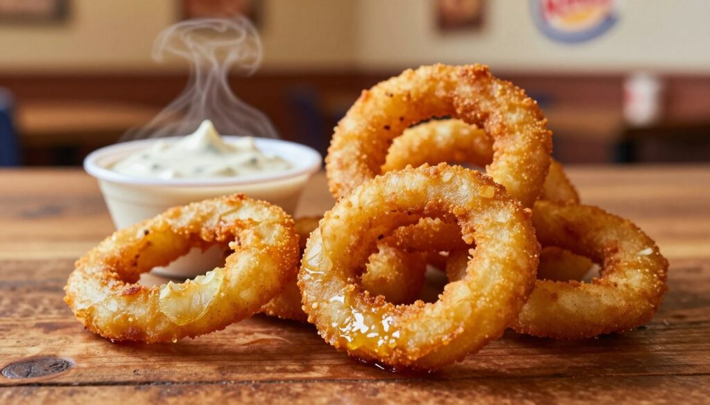 A close-up of crispy, golden-brown onion rings piled high on a rustic wooden table, showcasing their textured, crunchy exterior. The foreground features a few onion rings slightly separated, revealing their soft, onion-filled centers, glistening with a light sheen of oil. In the middle, a dipping sauce, perhaps creamy ranch or zesty ketchup, sits invitingly beside the onion rings, a small bowl with a hint of steam rising from it. The background softly blurs into a warm, cozy fast-food restaurant setting, with warm lighting that creates an inviting atmosphere. A shallow depth of field captures the details, and soft, natural light adds warmth, making the onion rings look even more appetizing. The mood is casual and inviting, perfectly encapsulating the appeal of Burger King's onion rings on their menu. A close-up of crispy, golden-brown onion rings piled high on a rustic wooden table, showcasing their textured, crunchy exterior. The foreground features a few onion rings slightly separated, revealing their soft, onion-filled centers, glistening with a light sheen of oil. In the middle, a dipping sauce, perhaps creamy ranch or zesty ketchup, sits invitingly beside the onion rings, a small bowl with a hint of steam rising from it. The background softly blurs into a warm, cozy fast-food restaurant setting, with warm lighting that creates an inviting atmosphere. A shallow depth of field captures the details, and soft, natural light adds warmth, making the onion rings look even more appetizing. The mood is casual and inviting, perfectly encapsulating the appeal of Burger King's onion rings on their menu.