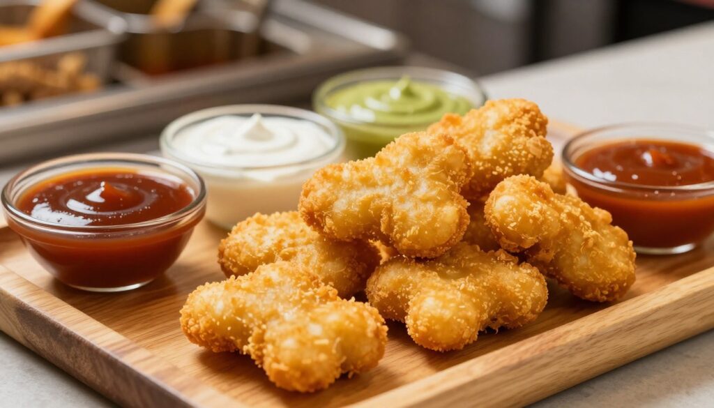 A close-up of golden, crispy chicken nuggets arranged neatly on a wooden platter, showcasing their crunchy texture and inviting appearance. Surrounding the nuggets are a variety of colorful dipping sauces, including tangy barbecue sauce, smooth ranch, and spicy buffalo sauce, each in small bowls for contrast. The background features a softly blurred fast-food restaurant ambiance, with subtle hints of fryer baskets and soft lighting to create a warm, inviting atmosphere. The scene is shot from a slightly elevated angle to highlight the nuggets and sauces effectively, casting gentle shadows that enhance their appetizing appeal. The overall mood is casual yet vibrant, perfect for showcasing a popular fast-food item in a mouthwatering context.