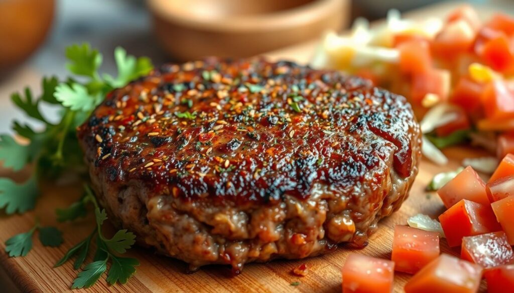 A close-up shot of a well-cooked, seasoned beef patty, showcasing its rich, savory texture and deep brown caramelization. The patty is placed on a wooden cutting board, garnished with fresh herbs, and a side of colorful toppings like diced tomatoes, shredded lettuce, and cheese, suggesting ingredients commonly used in tacos. The background features a softly blurred kitchen setting, with warm, natural lighting illuminating the beef, highlighting the seasoning's glisten and enhancing its appetizing appearance. The camera angle is slightly above the beef, inviting the viewer to appreciate both the details of the meat and the vibrant accompaniments. The mood is inviting and appetizing, aimed at evoking curiosity about food quality and composition.