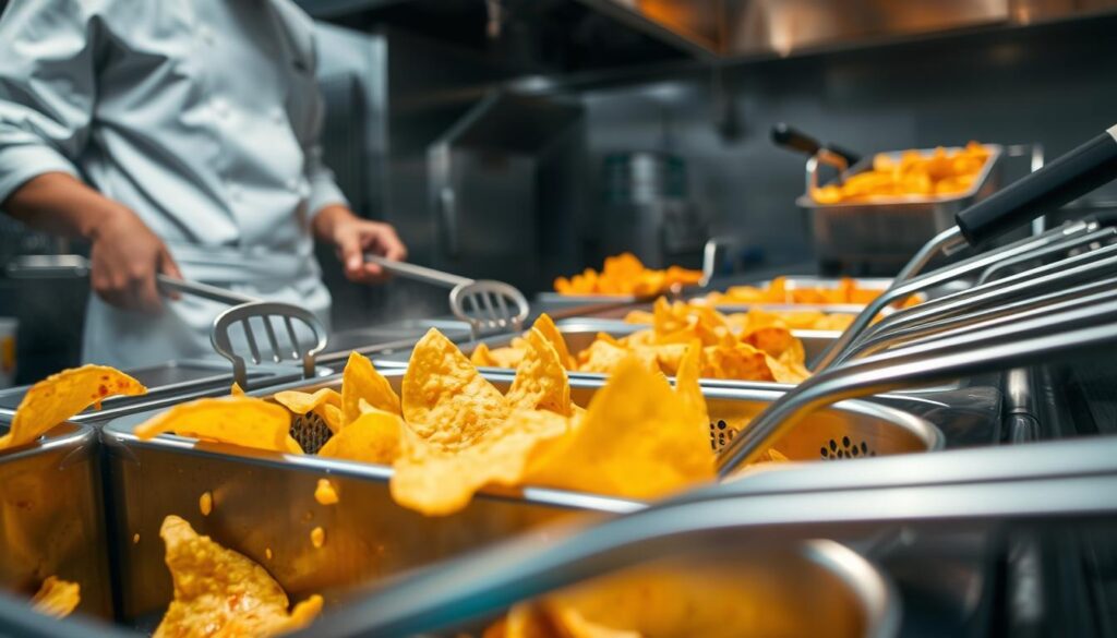 A close-up view of a busy commercial kitchen fryer area, showcasing chips and nachos being prepared. In the foreground, a stainless steel fryer filled with golden, crispy tortilla chips, some featuring oil splatters. The middle ground reveals a chef in a professional white uniform and apron, carefully monitoring the fryer while handling nachos with a metal spatula. In the background, a separate fryer is seen, filled with different fried foods, creating a contrast that hints at cross-contamination risks. The lighting is bright and vivid, emphasizing the texture and oil sheen on the food, casting subtle reflections and shadows. The atmosphere should feel hectic yet professional, underscoring the importance of food safety in a fast-paced environment. A close-up view of a busy commercial kitchen fryer area, showcasing chips and nachos being prepared. In the foreground, a stainless steel fryer filled with golden, crispy tortilla chips, some featuring oil splatters. The middle ground reveals a chef in a professional white uniform and apron, carefully monitoring the fryer while handling nachos with a metal spatula. In the background, a separate fryer is seen, filled with different fried foods, creating a contrast that hints at cross-contamination risks. The lighting is bright and vivid, emphasizing the texture and oil sheen on the food, casting subtle reflections and shadows. The atmosphere should feel hectic yet professional, underscoring the importance of food safety in a fast-paced environment.