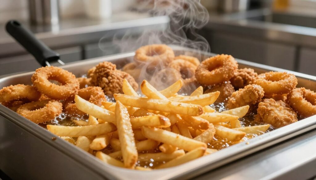 A close-up view of a deep fryer filled with golden, crispy fries, surrounded by various other fried foods like onion rings, chicken nuggets, and mozzarella sticks. The fryer bubbles with hot oil, capturing steam rising, set against a clean, modern kitchen backdrop. The lighting is warm and inviting, casting soft shadows that enhance the texture of the fried foods. In the foreground, the fries glisten with a slight sheen, emphasizing their crunchy texture, while in the middle, assorted fried items create a vibrant display. In the background, a blurred view of kitchen utensils and a sleek countertop adds depth to the scene. The atmosphere is lively and appetizing, drawing attention to the variety of fryer foods that can potentially contaminate fries.