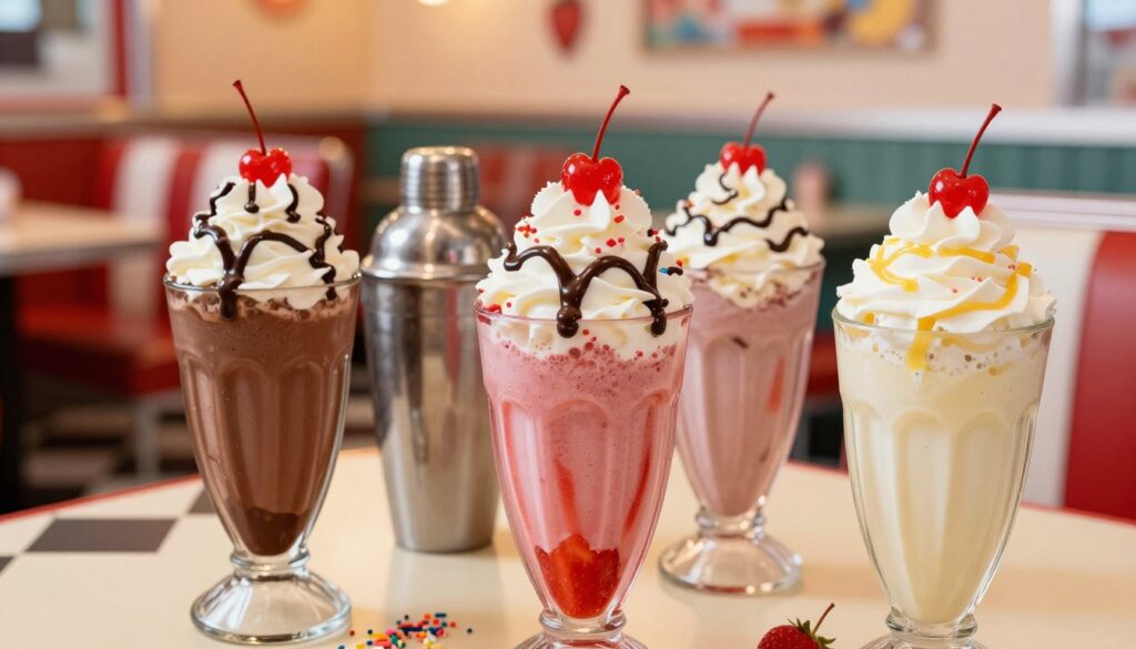 A close-up view of a delectable variety of ice cream shakes, featuring three tall glasses filled with colorful shakes topped with whipped cream, chocolate syrup, and cherry on each. The foreground showcases the textures of the shakes in rich chocolate, vibrant strawberry, and creamy vanilla. In the middle, a sleek metal shaker and scattered sprinkles create a fun, inviting atmosphere. The background represents a retro diner setting with checkered floors and vintage decor, softly lit with warm, inviting lighting that casts a gentle glow. Use a shallow depth of field to focus on the shakes while subtly blurring the diner backdrop. The overall mood should be cheerful and nostalgic, evoking the enjoyment of classic desserts in a classic diner setting.