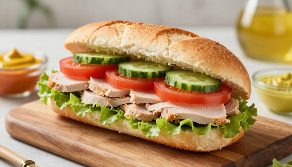 A close-up view of a delicious cold sub sandwich, prominently featuring layers of lean meats such as turkey and chicken breast, vibrant lettuce, thinly sliced tomatoes, and crisp cucumbers. The sandwich is placed on a rustic wooden board, surrounded by various colorful condiments in small bowls, including mustard and light vinaigrette. The background is softly blurred to emphasize the freshness of the ingredients, with a light, natural ambiance that suggests a healthy meal choice. The lighting is bright and warm, casting soft shadows that enhance the textures of the bread and fillings. The mood is inviting and fresh, perfect for someone seeking leaner cravings.