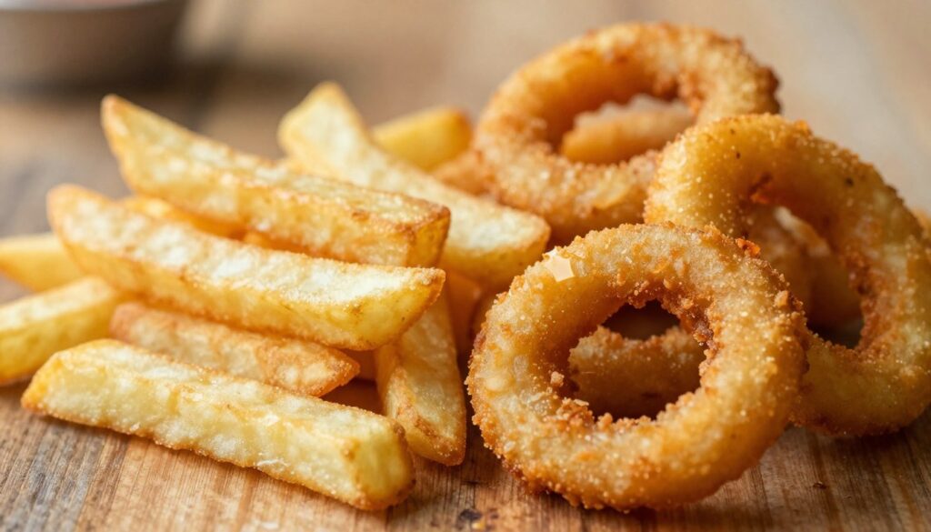 A close-up view of a delicious serving of golden, crispy French fries and perfectly cooked onion rings, arranged together on a rustic wooden table. The fries should be thick-cut, with a slight sheen, showcasing their savory texture, while the onion rings should be crunchy and deep-fried to a golden-brown perfection, displaying their circular shape and batter. Soft, diffused lighting creates a warm and inviting atmosphere, highlighting the details of the food. The background should be softly blurred to keep the focus on the fries and onion rings, suggesting a casual dining setting. The overall mood should evoke a sense of comfort and indulgence, tempting the viewer to imagine the taste of these classic fast-food favorites. A close-up view of a delicious serving of golden, crispy French fries and perfectly cooked onion rings, arranged together on a rustic wooden table. The fries should be thick-cut, with a slight sheen, showcasing their savory texture, while the onion rings should be crunchy and deep-fried to a golden-brown perfection, displaying their circular shape and batter. Soft, diffused lighting creates a warm and inviting atmosphere, highlighting the details of the food. The background should be softly blurred to keep the focus on the fries and onion rings, suggesting a casual dining setting. The overall mood should evoke a sense of comfort and indulgence, tempting the viewer to imagine the taste of these classic fast-food favorites.