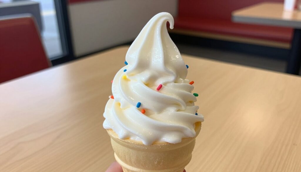 A close-up view of a delicious soft serve ice cream cone with a smooth, creamy swirl, topped with colorful sprinkles, set against a simple wooden table. The ice cream should have a glossy sheen, reflecting soft, natural sunlight that enhances the color vibrancy. In the background, there should be a blurred hint of a fast-food restaurant's interior, soft focus, to emphasize the soft serve treat as the main subject. Capture the image from a slightly elevated angle, as if a diner is about to enjoy the treat, creating an inviting and flavorful atmosphere. The mood should be cheerful and refreshing, perfect for depicting a classic fast-food dessert experience.