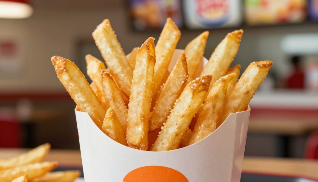 A close-up view of a golden, crispy serving of Burger King fries nestled in a branded paper sleeve, prominently displayed in the foreground. The fries glisten, showcasing a sprinkling of salt, and their texture is invitingly flaky. In the middle ground, a blurred fast-food restaurant backdrop adds context while hinting at a bustling atmosphere. Soft, warm lighting enhances the image, casting subtle shadows that accentuate the fries' contours, while a shallow depth of field keeps the focus sharp on the fries. The overall mood is lively yet inviting, evoking the classic fast-food experience.