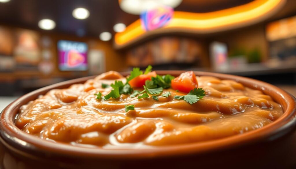 A close-up view of a serving of creamy, rich refried beans in a smooth, vibrant brown color, served in a traditional pottery bowl. On the foreground, the beans appear thick and velvety, with small, shiny oil droplets glistening on the surface. In the middle, a sprinkle of finely chopped fresh cilantro and a few diced tomatoes add a pop of color and freshness, contrasting beautifully against the beans. The background features a blurred out Taco Bell restaurant setting, capturing a nostalgic '90s vibe with warm, soft lighting, reminiscent of vintage diner interiors. The angle is slightly overhead to highlight the texture of the refried beans, creating an inviting atmosphere that evokes comfort and a sense of casual dining. A close-up view of a serving of creamy, rich refried beans in a smooth, vibrant brown color, served in a traditional pottery bowl. On the foreground, the beans appear thick and velvety, with small, shiny oil droplets glistening on the surface. In the middle, a sprinkle of finely chopped fresh cilantro and a few diced tomatoes add a pop of color and freshness, contrasting beautifully against the beans. The background features a blurred out Taco Bell restaurant setting, capturing a nostalgic '90s vibe with warm, soft lighting, reminiscent of vintage diner interiors. The angle is slightly overhead to highlight the texture of the refried beans, creating an inviting atmosphere that evokes comfort and a sense of casual dining.