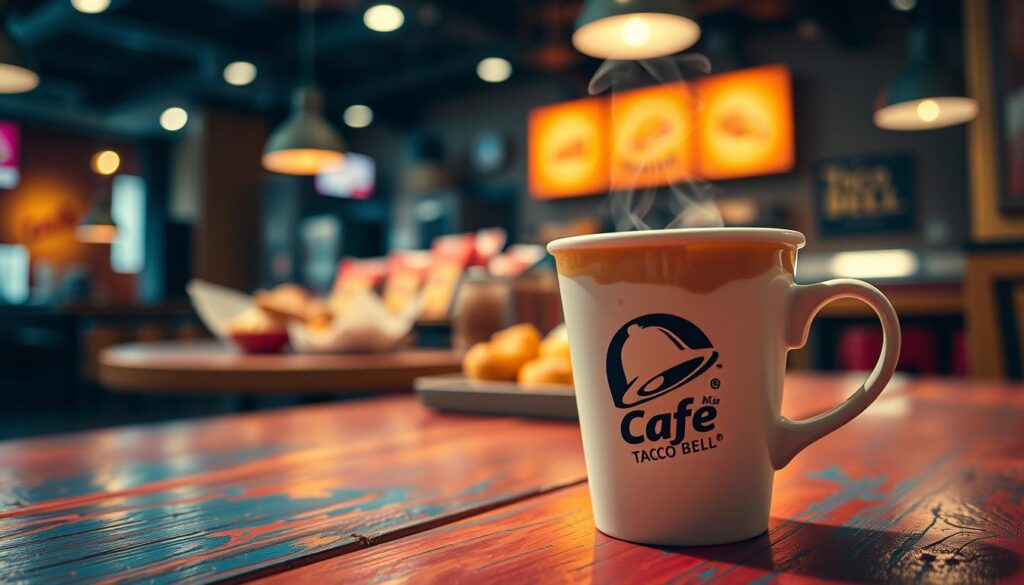 A close-up view of a steaming cup of "Live Más Café®" coffee from Taco Bell, prominently placed in the foreground on a vibrant, rustic wooden table. The coffee cup is adorned with Taco Bell's logo, showcasing its distinctive design. In the middle ground, a selection of colorful Taco Bell pastries and snacks can be seen, creating a cozy café atmosphere. The background features a softly blurred diner setting, illuminated by warm, inviting lighting, capturing the essence of a casual coffee shop. The image conveys a lively and energetic mood, inviting viewers into the experience of enjoying coffee at Taco Bell, with rich contrasting colors and a focus on detail. A slight lens vignette enhances the overall appeal of the composition.