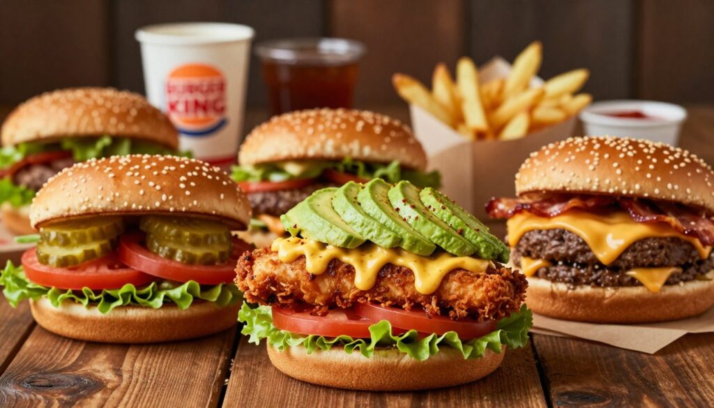 A close-up view of a tantalizing array of secret menu burgers from Burger King, artfully arranged on a rustic wooden table. The foreground showcases a Whopper topped with fresh avocado, a crispy chicken sandwich drizzled with spicy mayonnaise, and a classic cheeseburger with extra cheese and bacon. Juicy ingredients like sliced tomatoes, crisp lettuce, and pickles are visibly layered, enhancing the appeal. The middle background features a soft-focus shot of a variety of sauces and fries, adding color and texture. Ambient warm lighting creates a cozy and inviting atmosphere, while a shallow depth of field directs focus on the burgers. The scene evokes a sense of tasty indulgence and discovery, perfect for burger enthusiasts.