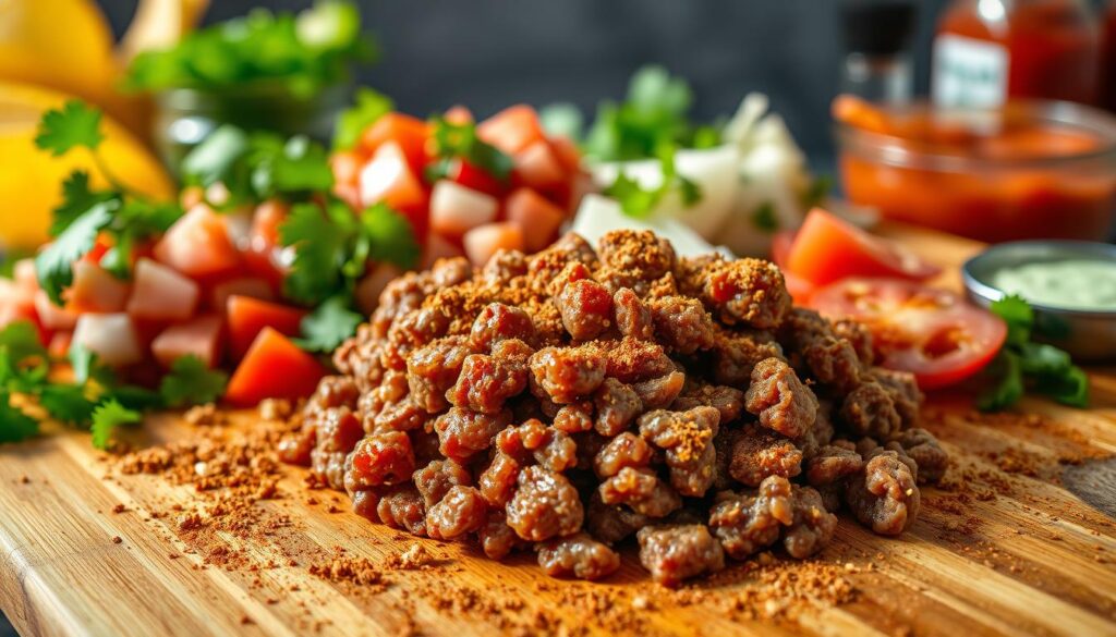 A close-up view of seasoned beef ingredients arranged artfully on a wooden cutting board. In the foreground, crispy ground beef in a rich, deep brown color, sprinkled with spices like cumin, paprika, and garlic powder, providing a vibrant contrast. In the middle ground, a selection of fresh ingredients including diced tomatoes, chopped onions, and vibrant green cilantro, adding freshness and color. In the background, blurred textures of taco shells and an assortment of sauces, hinting at a lively taco assembly scene. The lighting is warm and inviting, casting soft shadows to enhance the textures, while capturing the satisfying and hearty atmosphere. The image is shot from a slightly elevated angle, providing a clear and appetizing overview of the ingredients without any text or distractions.