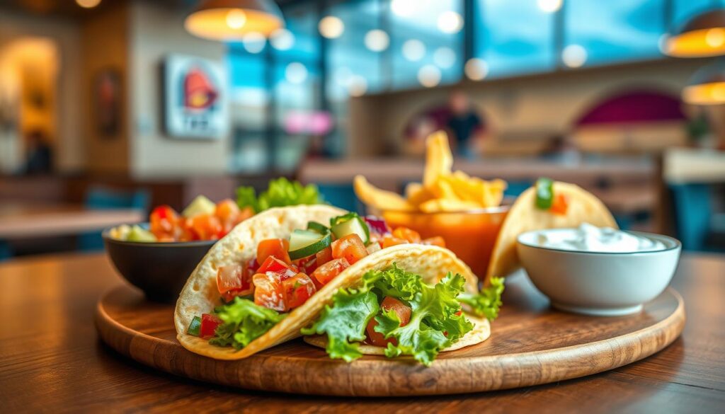 A colorful, appetizing spread of Taco Bell's healthy menu items creatively presented on a wooden table. In the foreground, showcase a low-calorie taco with vibrant fresh toppings like lettuce, tomatoes, and avocado, representing flavorful customization. In the middle, include a side of zesty salsa and a small bowl of Greek yogurt as a healthier sour cream alternative, all artfully arranged. The background features a softly blurred restaurant interior with warm lighting, creating an inviting atmosphere. Use a bright, natural light source to enhance freshness and flavor, captured with a slightly overhead angle to emphasize the vibrant colors and textures of the food, inviting viewers to explore healthy eating options while enjoying robust flavors.