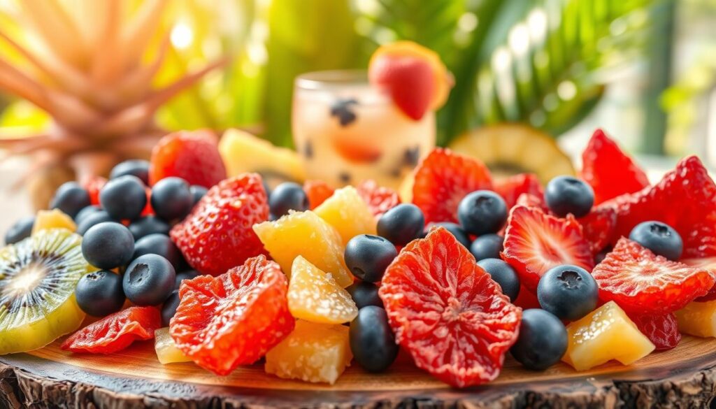 A colorful assortment of freeze-dried fruit, including vibrant strawberries, blueberries, pineapple chunks, and kiwi slices, elegantly arranged on a rustic wooden platter. In the foreground, details of the freeze-dried texture are showcased with a close-up perspective, highlighting the unique appearance and vivid colors of the fruit. The middle layer features a refreshing, visually appealing backdrop of soft-focus tropical plants and a pastel-colored mocktail infused with fruity flavors, enhancing the theme of refreshment. The background is softly lit with warm, natural light, creating an inviting atmosphere. The overall mood is bright, cheerful, and summery, perfect for illustrating a fresh beverage experience. A colorful assortment of freeze-dried fruit, including vibrant strawberries, blueberries, pineapple chunks, and kiwi slices, elegantly arranged on a rustic wooden platter. In the foreground, details of the freeze-dried texture are showcased with a close-up perspective, highlighting the unique appearance and vivid colors of the fruit. The middle layer features a refreshing, visually appealing backdrop of soft-focus tropical plants and a pastel-colored mocktail infused with fruity flavors, enhancing the theme of refreshment. The background is softly lit with warm, natural light, creating an inviting atmosphere. The overall mood is bright, cheerful, and summery, perfect for illustrating a fresh beverage experience.