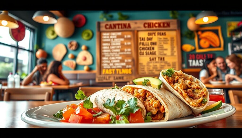 A colorful, inviting display of a Cantina Chicken menu, showcasing an array of chicken dishes. In the foreground, a beautifully arranged plate featuring a Cantina Chicken burrito, garnished with fresh cilantro, sliced avocados, and a side of vibrant salsa. The middle section features a wooden menu board listing various chicken items and their prices, artistically designed with rustic elements. The background reveals a cozy taco-themed interior, with warm lighting creating a friendly atmosphere. The scene captures a bustling restaurant vibe, with blurred patrons enjoying food, depicted in modest casual attire. The angle is slightly tilted for a dynamic perspective, evoking a sense of excitement and hunger.