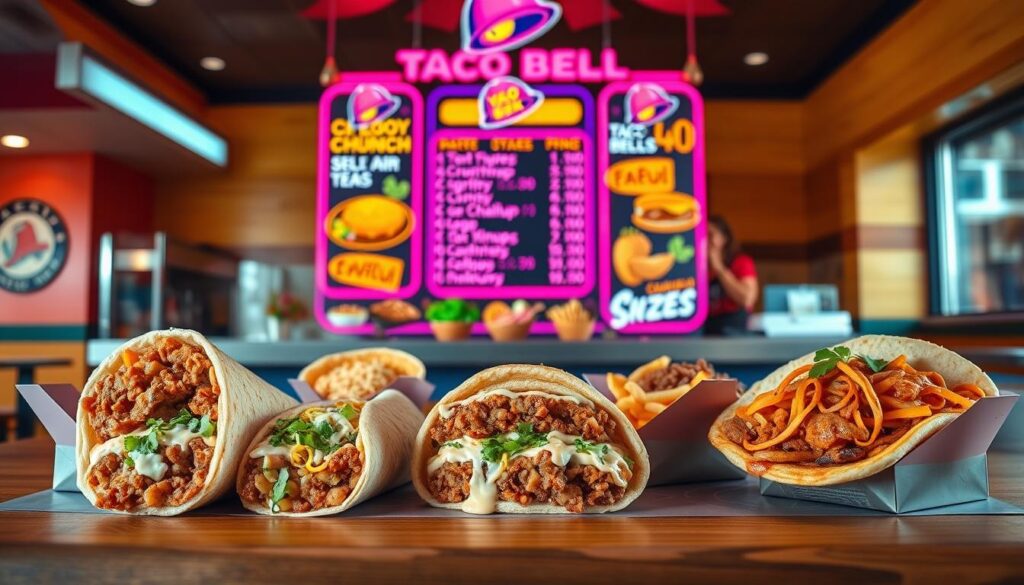 A colorful, nostalgic Taco Bell menu display from the early 2000s, showcasing iconic Y2K items like the Crunchwrap Supreme, Cheesy Gordita Crunch, and the Beef Chalupa. The foreground features appetizing close-up images of the menu items, arranged neatly on a vintage-style wooden table. In the middle, a vibrant retro menu board highlights the prices in playful fonts, surrounded by vibrant food graphics typical of that era. The background features a stylized Taco Bell restaurant interior with bright colors and Y2K-inspired decor, capturing the essence of the early 2000s fast-food experience. Soft, warm lighting enhances the atmosphere, evoking feelings of nostalgia and excitement for casual dining, with a slight tilt angle for a dynamic view. No text or branding overlays are present, maintaining focus on the food and ambiance.