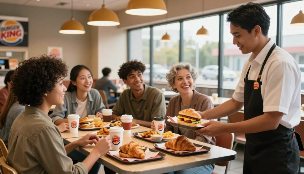 A cozy Burger King breakfast scene during morning hours, featuring a neatly arranged table with a variety of breakfast items like croissant sandwiches, hash browns, and coffee cups. In the foreground, a friendly server, dressed in a neat Burger King uniform, is taking an order from a diverse group of customers at a table, who are looking excited and engaged. The middle layer showcases the silver and amber colors of Burger King's interior, with soft, warm lighting illuminating the space, giving it a welcoming atmosphere. Large windows in the background allow natural light to spill in, enhancing the inviting mood. The angle captures the interaction, emphasizing the joy of ordering at Burger King for breakfast.