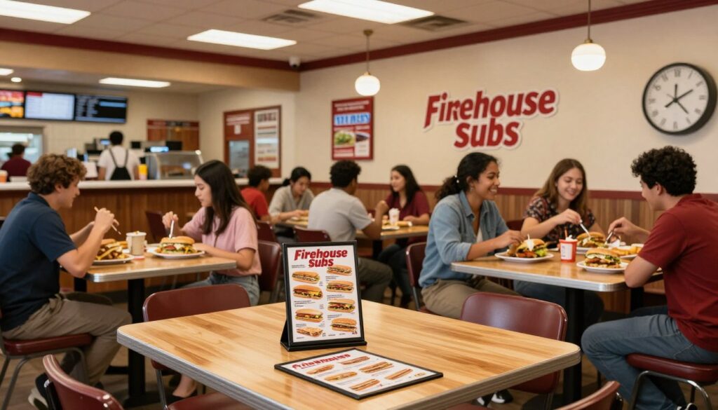 A cozy Firehouse Subs restaurant interior during the late afternoon, focusing on the dine-in and pickup areas. In the foreground, a neatly arranged wooden table with a Firehouse Subs menu displayed prominently, showcasing various sandwich options. The middle ground features customers of diverse backgrounds enjoying their meals, dressed in casual, modest attire, smiling and chatting. The background includes a warm, inviting ambiance with bright but soft overhead lighting and the familiar Firehouse Subs branding on the walls. A large clock on the wall indicates the opening hours, emphasizing a sense of readiness and welcome. The atmosphere is vibrant and welcoming, perfect for families and friends looking to enjoy some delicious subs together.