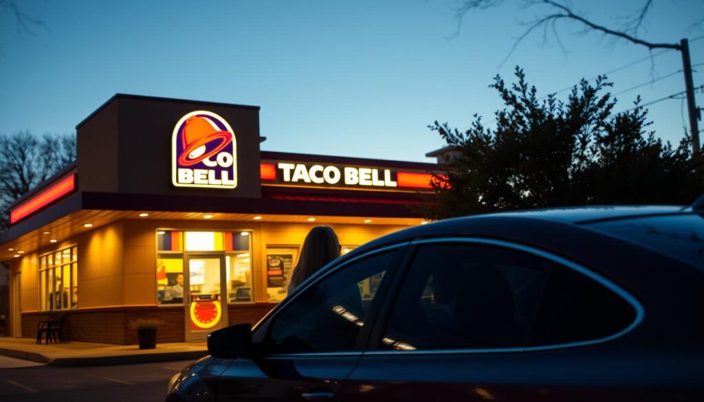 A cozy Taco Bell restaurant at dusk, illuminated by warm glowing lights, creating a welcoming atmosphere. In the foreground, a neatly parked car with a couple of friends in casual attire looking up at the menu board, excitedly discussing their late-night cravings. The middle layer reveals an inviting entrance with a vibrant yellow and red color scheme, as well as recognizable Taco Bell branding. In the background, soft shadows of trees sway gently, and a clear evening sky adds depth, with the last hints of sunlight fading. The scene captures a relaxed vibe, celebrating late-night service with a hint of anticipation for the delicious offerings inside, shot with a slightly blurred lens focus to highlight the restaurant front and create intimacy. A cozy Taco Bell restaurant at dusk, illuminated by warm glowing lights, creating a welcoming atmosphere. In the foreground, a neatly parked car with a couple of friends in casual attire looking up at the menu board, excitedly discussing their late-night cravings. The middle layer reveals an inviting entrance with a vibrant yellow and red color scheme, as well as recognizable Taco Bell branding. In the background, soft shadows of trees sway gently, and a clear evening sky adds depth, with the last hints of sunlight fading. The scene captures a relaxed vibe, celebrating late-night service with a hint of anticipation for the delicious offerings inside, shot with a slightly blurred lens focus to highlight the restaurant front and create intimacy.