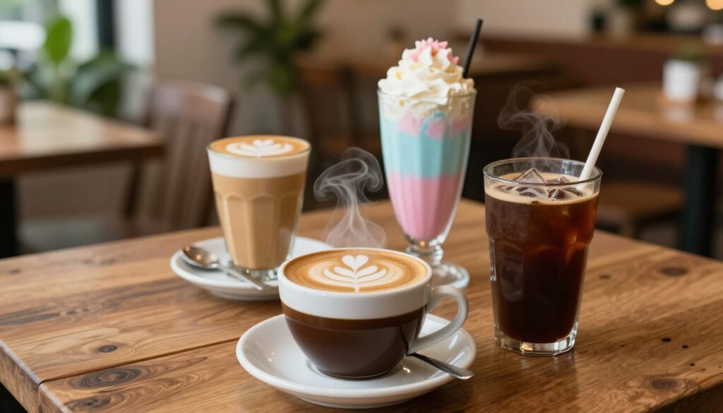 A cozy café scene showcasing a variety of coffee beverages. In the foreground, a steaming cup of rich, dark coffee topped with a swirl of cream, accompanied by a glass of icy iced coffee with a straw, both resting on a rustic wooden table. In the middle ground, a tall latte with beautiful latte art sits next to a colorful frappe, blending soft pastels of pink and blue, garnished with whipped cream. The background features a softly blurred café ambiance with plants and warm lighting creating an inviting atmosphere. Use soft natural light to enhance the warmth of the scene while maintaining a cozy vibe. Capture this image from a slightly elevated angle, focusing on the vibrant drinks against the inviting café backdrop.