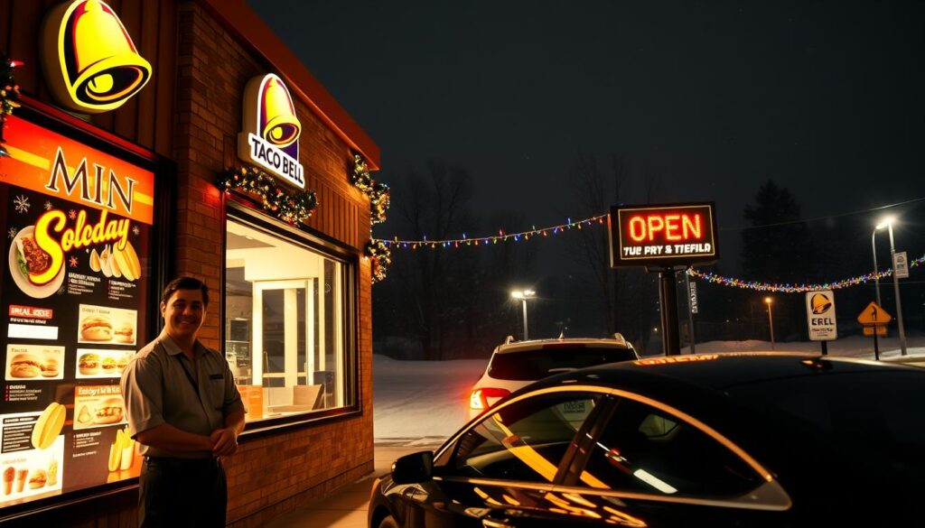 A cozy fast food restaurant, such as Taco Bell, festively decorated for Christmas. In the foreground, a cheerful employee in a professional uniform stands next to a brightly lit menu board displaying holiday-themed items. The middle of the scene features a drive-thru lane with a car in line, illuminated by soft, warm lighting, creating a welcoming atmosphere. Strings of colorful Christmas lights drape around the restaurant's entrance, creating a festive vibe. In the background, a snowy landscape can be seen through the windows, with soft snowfall outside. The scene conveys a warm and inviting mood, showcasing the unique experience of enjoying fast food during the holidays. The focus is on the restaurant's festive appeal and open sign, with a clear night sky and twinkling stars overhead.