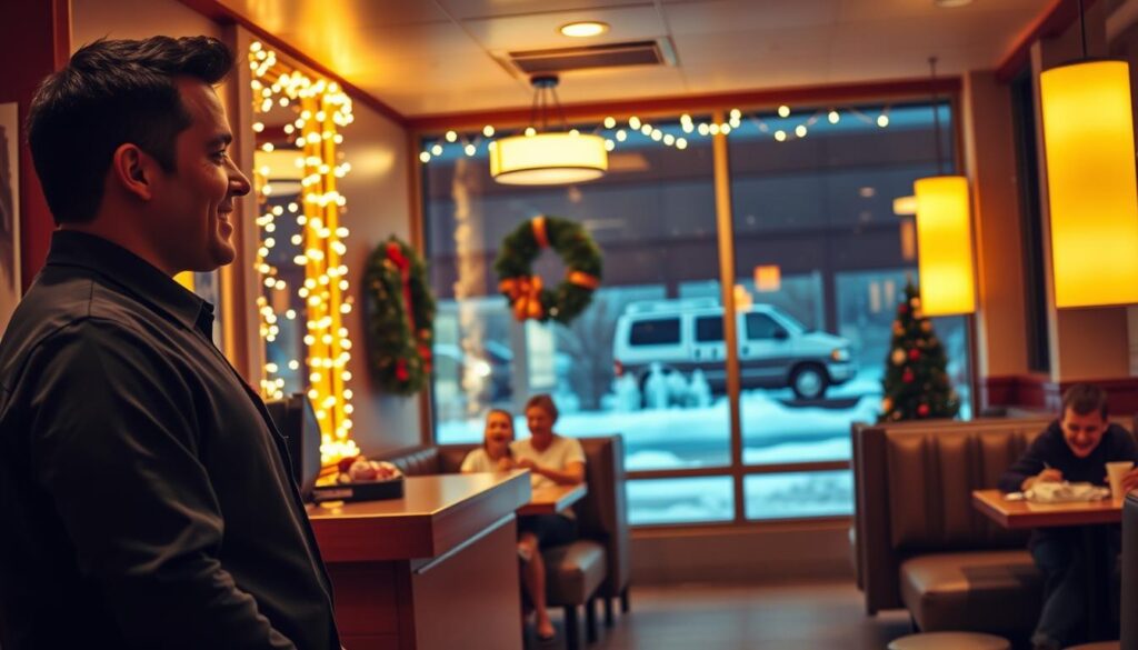 A cozy, inviting Taco Bell restaurant decorated for Christmas Eve, with soft golden lights twinkling around the windows. In the foreground, a friendly employee in a professional uniform stands behind the counter, ready to serve customers. The middle ground features a couple of families enjoying their meals at a booth, laughter and joy in the air, surrounded by festive decorations like wreaths and a small Christmas tree. The background shows a serene winter night outside, with gently falling snowflakes against the warm glow of the restaurant's lights. The overall mood is cheerful and festive, encapsulating the holiday spirit while highlighting the unique atmosphere of a fast-food dining experience on Christmas Eve. Use warm, inviting lighting to emphasize comfort and celebration.