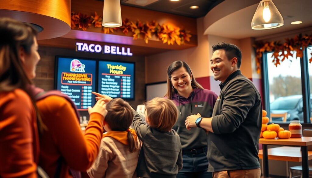 A cozy, inviting Taco Bell restaurant interior with a focus on a customer-friendly counter featuring a digital screen displaying Thanksgiving hours. In the foreground, a happy family with modest casual clothing is checking the menu while pointing at the screen, showcasing excitement. The middle ground highlights a cheerful employee dressed in the official Taco Bell uniform, assisting a customer with a friendly smile. The background provides a glimpse of festive Thanksgiving decorations, like autumn leaves and pumpkins, creating a warm atmosphere. Soft, warm lighting bathes the scene, enhancing the holiday mood. The angle captures both the customer interaction and the vibrant environment, making it feel dynamic and engaging. A cozy, inviting Taco Bell restaurant interior with a focus on a customer-friendly counter featuring a digital screen displaying Thanksgiving hours. In the foreground, a happy family with modest casual clothing is checking the menu while pointing at the screen, showcasing excitement. The middle ground highlights a cheerful employee dressed in the official Taco Bell uniform, assisting a customer with a friendly smile. The background provides a glimpse of festive Thanksgiving decorations, like autumn leaves and pumpkins, creating a warm atmosphere. Soft, warm lighting bathes the scene, enhancing the holiday mood. The angle captures both the customer interaction and the vibrant environment, making it feel dynamic and engaging.
