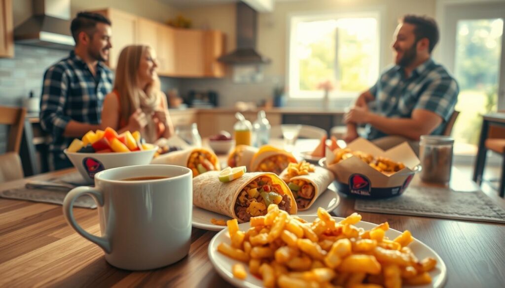 A cozy weekend breakfast setting featuring a beautifully arranged table with a variety of Taco Bell breakfast items, including breakfast burritos, crunchy tacos, and a side of hash browns. In the foreground, a warm cup of coffee steams beside a plate of fresh fruit. The middle ground includes a vibrant, sunlit kitchen setting with light streaming through a window, illuminating the table. In the background, a cheerful family in modest casual attire chats and laughs, creating a warm, inviting atmosphere. The camera angle is slightly elevated, capturing the lively interactions and the delicious spread on the table. Soft, natural lighting enhances the inviting feel of a relaxing weekend morning.