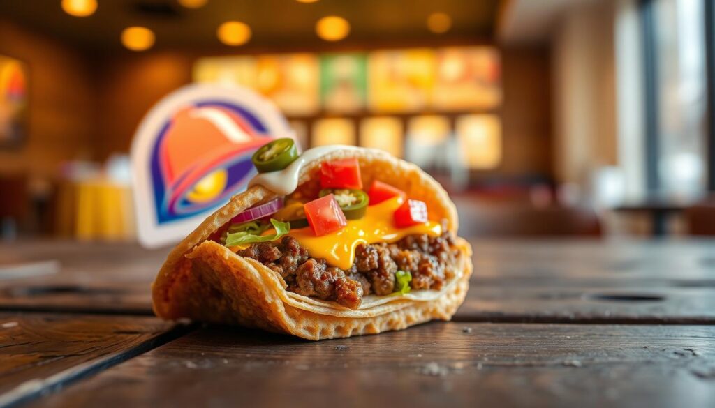 A delicious Cheesy Gordita Crunch sitting on a rustic wooden table. In the foreground, the crunchy taco shell is partially broken open to reveal layers of seasoned beef, melted cheddar cheese, and a soft flour tortilla enveloping the crunchy shell. The bright colors of fresh lettuce and diced tomatoes peek out, accentuated by a creamy jalapeño sauce drizzled on top. The middle ground captures a vibrant and inviting Taco Bell branding element blurred softly to emphasize the food. In the background, a blurred glimpse of a fast food environment, with warm golden lighting creating an enticing atmosphere. The focus is sharply on the Cheesy Gordita Crunch, with a shallow depth of field, conveying a mood of indulgence and satisfaction.
