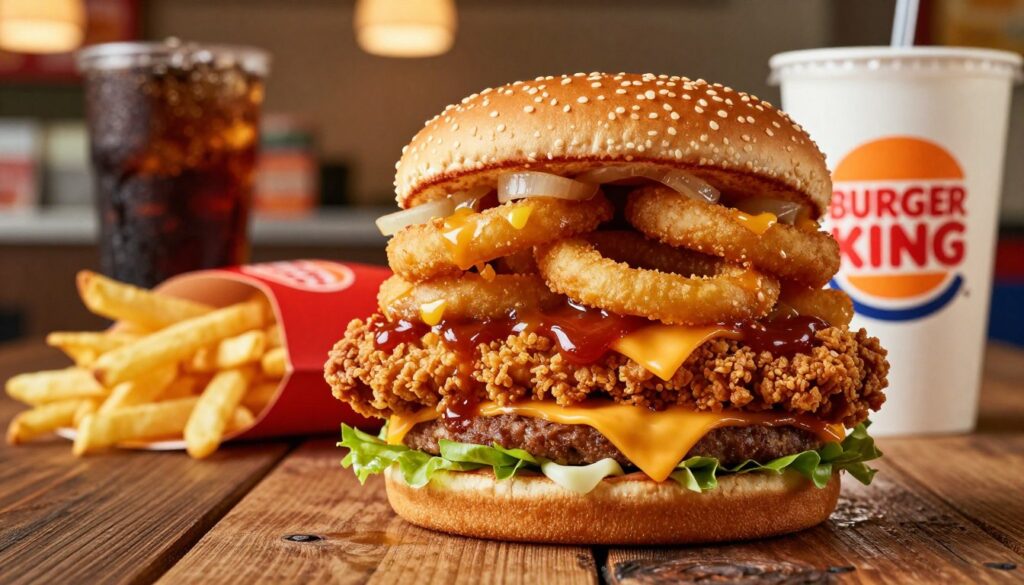 A delicious and extravagant burger mashup inspired by Burger King's secret menu, featuring a towering Whopper stacked with layers of crispy fried chicken, onion rings, melted cheese, and smoky barbecue sauce. The foreground showcases the burger, glistening with condiments, on a rustic wooden table. In the middle ground, a side of crispy golden fries and a cold soda in a classic cup complete the meal. The background is softly blurred with hints of a busy Burger King restaurant, warm lighting giving an inviting atmosphere. The photo is shot from a slightly elevated angle, emphasizing the height of the burger while capturing the vibrant colors of the ingredients. The overall mood is indulgent and playful, appealing to food lovers looking for something extraordinary.