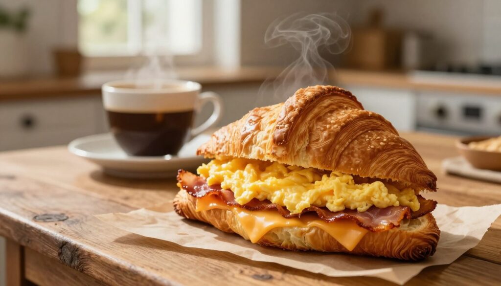 A delicious croissant breakfast sandwich sits elegantly on a rustic wooden table in the foreground, showcasing layers of fluffy scrambled eggs, crispy bacon, and melted cheese peeking out from the golden, flaky croissant. The sandwich is cut in half, revealing the mouthwatering interior, with steam gently rising, hinting at its warmth. In the middle ground, a soft-focus cup of coffee complements the scene, adding to the breakfast vibe. The background features a cozy kitchen setting bathed in warm morning light streaming through a window, creating a welcoming atmosphere. The overall mood is inviting and appetizing, ideal for a delightful breakfast scene. Shoot from a slightly elevated angle to capture both the sandwich and the drink, enhancing the inviting nature of the composition.