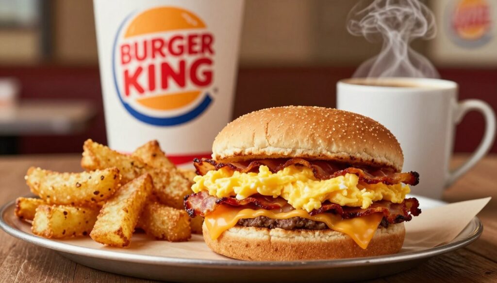 A deliciously arranged Burger King breakfast meal featuring a perfectly stacked breakfast sandwich with fluffy scrambled eggs, crispy bacon, and melted cheese, accompanied by a side of golden hash browns. In the foreground, showcase a freshly brewed cup of coffee steaming gently beside the meal. In the middle, incorporate the iconic Burger King logo subtly in the background, ensuring it blends harmoniously with the breakfast setting. The background should depict a cozy diner-style atmosphere with warm lighting, creating a welcoming and inviting mood. Use a slight overhead angle to capture the richness of the breakfast spread, highlighting the textures and colors of the food. Aim for a bright, cheerful ambiance that evokes the enjoyment of a hearty morning meal.