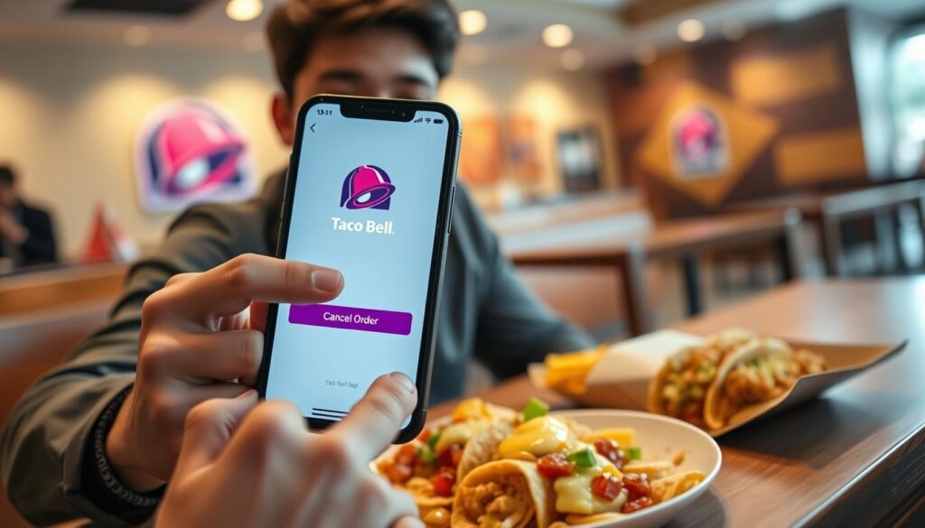 A detailed and visually engaging scene depicting a smartphone displaying the Taco Bell app's order cancellation feature, prominently featuring the "Cancel Order" button. In the foreground, a casual user, a young adult in smart-casual attire, holds the phone with a focused expression, their finger hovering over the button. In the middle ground, the table holds a half-eaten Taco Bell meal, with bright, appealing colors of tacos and sauces. The background shows a cozy restaurant environment with Taco Bell branding, soft lighting creating a warm, inviting atmosphere. The image should have a shallow depth of field to emphasize the phone and meal, with a subtly blurred background to keep the focus on the cancellation process depicted on the screen. A detailed and visually engaging scene depicting a smartphone displaying the Taco Bell app's order cancellation feature, prominently featuring the "Cancel Order" button. In the foreground, a casual user, a young adult in smart-casual attire, holds the phone with a focused expression, their finger hovering over the button. In the middle ground, the table holds a half-eaten Taco Bell meal, with bright, appealing colors of tacos and sauces. The background shows a cozy restaurant environment with Taco Bell branding, soft lighting creating a warm, inviting atmosphere. The image should have a shallow depth of field to emphasize the phone and meal, with a subtly blurred background to keep the focus on the cancellation process depicted on the screen.