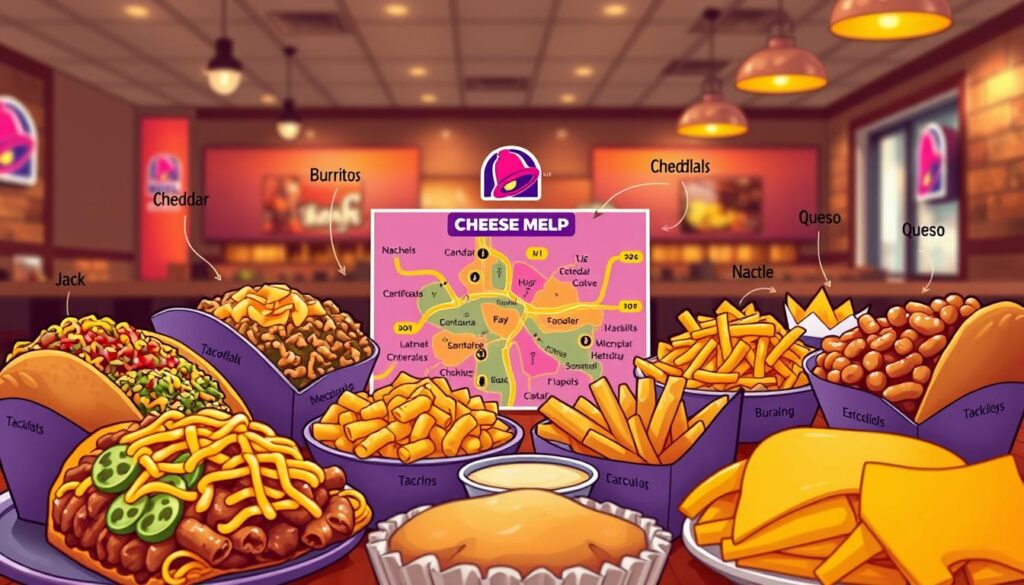 A detailed illustration of a Taco Bell menu items cheese map, featuring various popular Taco Bell dishes labeled with the types of cheese they use. In the foreground, showcase vibrant menu items like tacos, burritos, nachos, and quesadillas, each topped with their respective cheeses—cheddar, jack, and queso. The middle layer should have a colorful, stylized map design that connects these items with arrows or pathways to highlight their cheese associations. In the background, include a subtle hint of a Taco Bell restaurant interior, giving context without distraction. Ambient warm lighting enhances the food's appeal, creating an inviting atmosphere. Use a slightly high angle to capture all elements clearly, focusing on the textures and colors of the food. The overall mood should be fun and informative, suited for a food enthusiast audience. A detailed illustration of a Taco Bell menu items cheese map, featuring various popular Taco Bell dishes labeled with the types of cheese they use. In the foreground, showcase vibrant menu items like tacos, burritos, nachos, and quesadillas, each topped with their respective cheeses—cheddar, jack, and queso. The middle layer should have a colorful, stylized map design that connects these items with arrows or pathways to highlight their cheese associations. In the background, include a subtle hint of a Taco Bell restaurant interior, giving context without distraction. Ambient warm lighting enhances the food's appeal, creating an inviting atmosphere. Use a slightly high angle to capture all elements clearly, focusing on the textures and colors of the food. The overall mood should be fun and informative, suited for a food enthusiast audience.